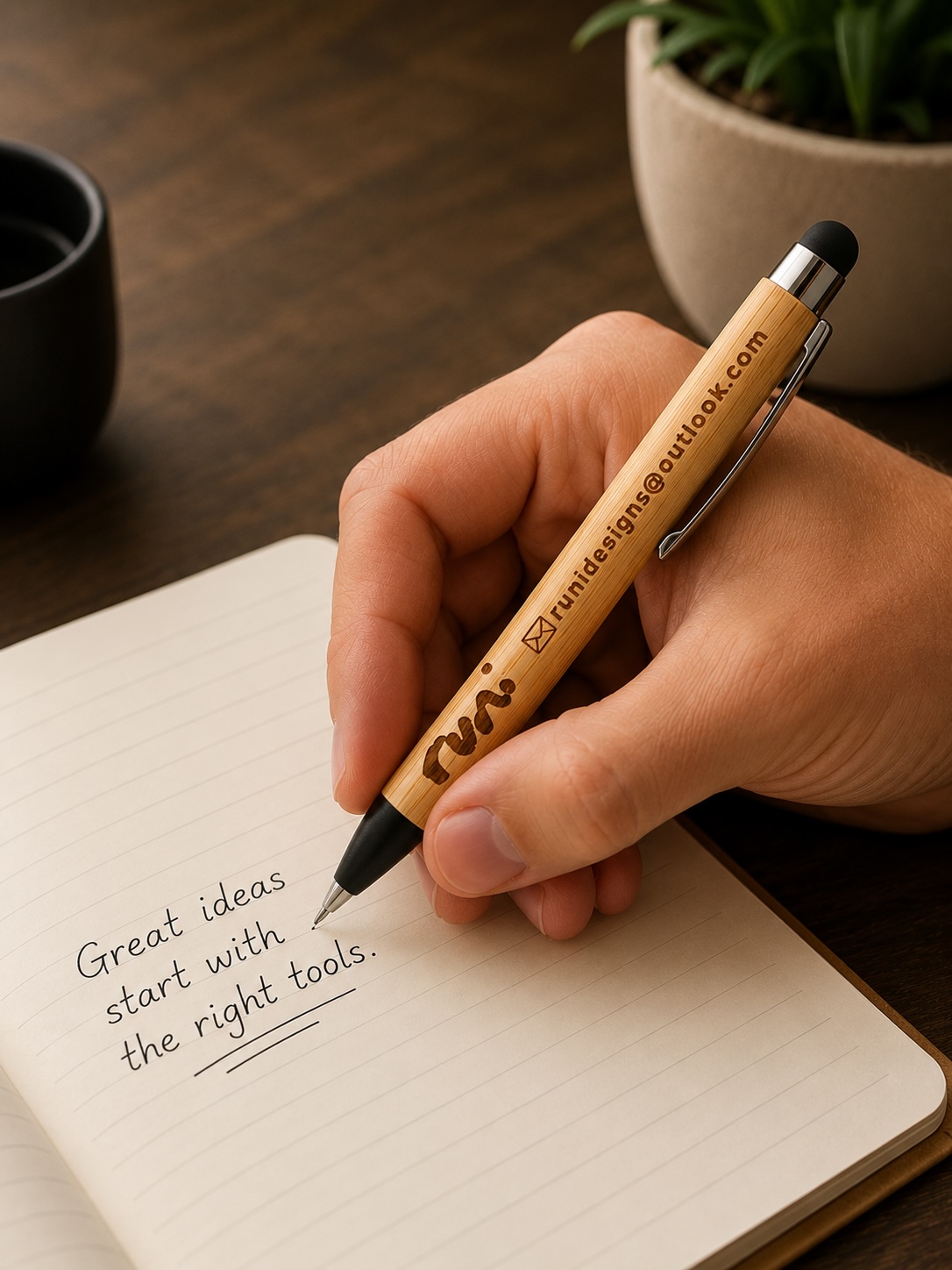 Custom engraved bamboo pens by Runi Designs